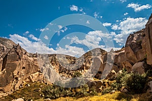 View from the structure of Cappadocia. Impressive fairy chimneys of sandstone in the canyon near Cavusin village, Cappadocia.