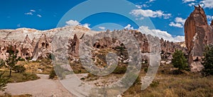 View from the structure of Cappadocia. Impressive fairy chimneys of sandstone in the canyon near Cavusin village, Cappadocia