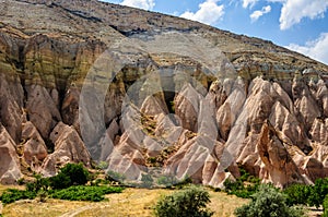 View from the structure of Cappadocia. Impressive fairy chimneys of sandstone in the canyon near Cavusin village, Cappadocia