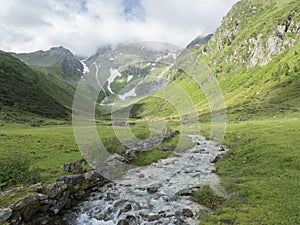 View on Stubaital Valley and alpine meadow with river stream and grazing cows, Alpine landscape of Tirol Alps, Austria