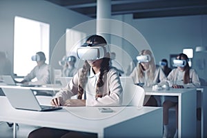 View of students sitting by desks wearing augmented reality headsets. generative AI