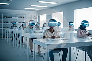 View of students sitting by desks wearing augmented reality headsets. generative AI