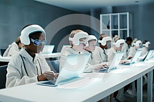 View of students sitting by desks wearing augmented reality headsets. generative AI