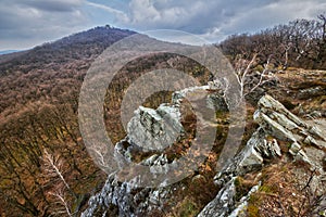 View from Studeny Hrad rock towards Jelenec castle