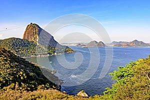 View of the Sugar loaf hill, Guanabara bay, sea, hills and mountains of Rio de Janeiro