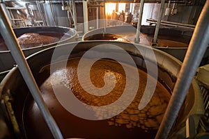 View of the sugar refining process, with molasses being separated from the sugar crystals in large centrifuges photo