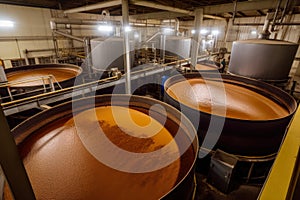 View of the sugar refining process, with molasses being separated from the sugar crystals in large centrifuges photo