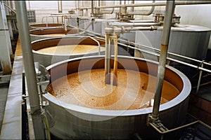 View of the sugar refining process, with molasses being separated from the sugar crystals in large centrifuges photo