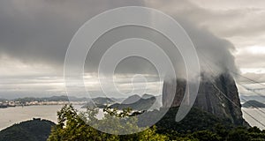 View of the Sugarloaf Mountain with cables in the foreground in Rio de Janeiro Brazil