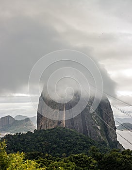 View of the Sugarloaf Mountain with cables in the foreground in Rio de Janeiro Brazil