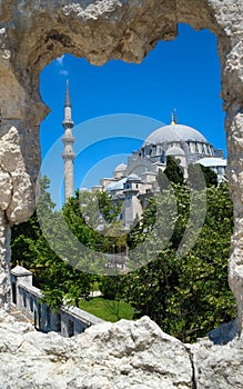 The view of Suleymaniye Mosque through the stone wall frame, Istanbul