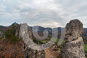 View from Sulovsky hrad castle ruins in autumn Sulovske skaly mountains in Slovakia