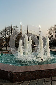 View of  Sultan Ahmad Maydan Fountain in Istanbul at sunset. Turkey