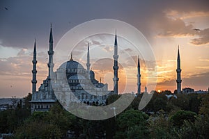 View on Sultan Ahmet Mosque during the sunset