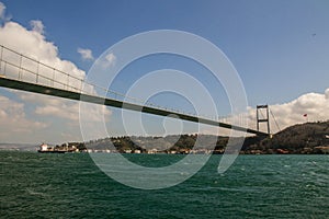 View of the Sultan Mehmed Fatih Bridge over the Bosphorus in Istanbul. Turkey