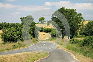 View on summer landscape in mountains with dry grass green trees and empty road