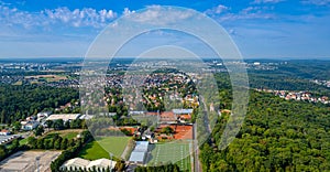 View in summer from the Stuttgart TV tower of Stuttgart Degerloch, Waldau sports grounds with American football field, state