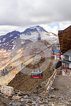 View on summit station of ropeway schnalstaler gletscherbahn and mount weisskugel in the Ã¶tztal alps