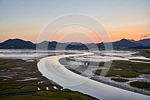 View of the Suncheonman Bay Wetland Reserve in South Korea during dusk