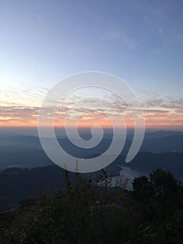 View of Sunrise above Himalayan Mountains from Sarangkot in Nepal.