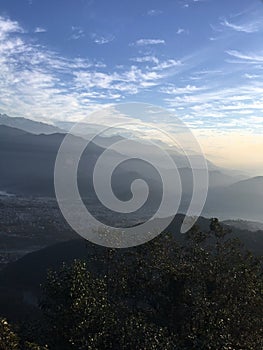 View of Sunrise above Himalayan Mountains from Sarangkot in Nepal.