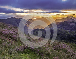 View of sunrise at Glencoe, Highlands, Scotland, UK