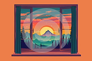 view of the sunrise over the mountains from the window illustration. Generative AI