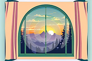 view of the sunrise over the mountains from the window illustration. Generative AI