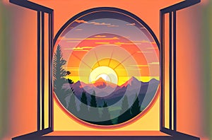 view of the sunrise over the mountains from the window illustration. Generative AI