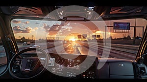 View of sunset on highway through vehicles exterior mirror