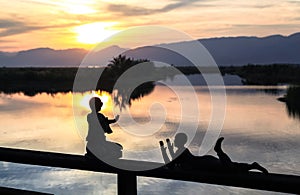 The view of sunset in Inle Lake