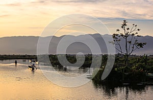 The view of sunset in Inle Lake