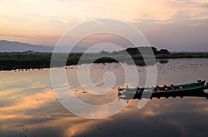 The view of sunset in Inle Lake