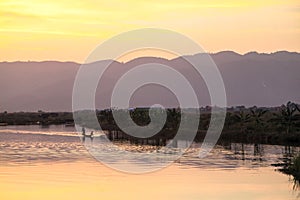 The view of sunset in Inle Lake