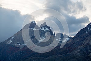 View at sunset of the landscape of the Torres del Paine mountains in autumn, Torres del Paine National Park, Chile