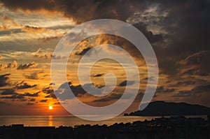 View of sunset over sea and evening dramatic sky, Turkey