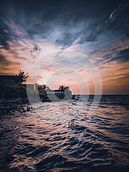 View of the sunset on Patimban beach, one of the beaches in the north of the Indonesian island of Java