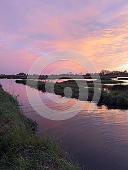 View of sunset on Ria de Aveiro, Ovar, Portugal