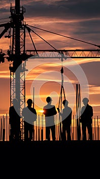 view Sunset silhouette of construction workers, symbolizing the days end