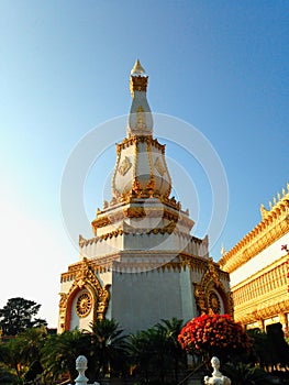 View of the sunset at Wat Pha Nam Thip Thap Prasit Wanaram, Thai temple in Roi Et province, Thailand. (public places)