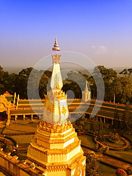 View of the sunset at Wat Pha Nam Thip Thap Prasit Wanaram, Thai temple in Roi Et province, Thailand. (public places)