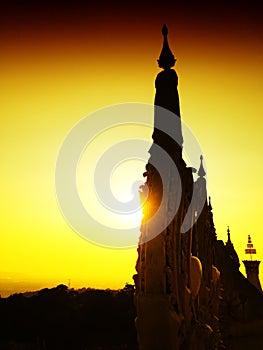 View of the sunset at Wat Pha Nam Thip Thap Prasit Wanaram, Thai temple in Roi Et province, Thailand. (public places)