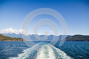 A view of the Sunshine Coast as seen from the deck of a ferry.