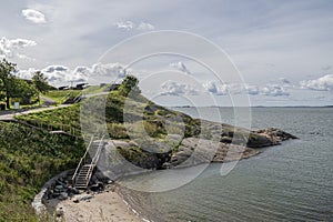 View of The Suomenlinna beach, rocks and Gulf of Finland