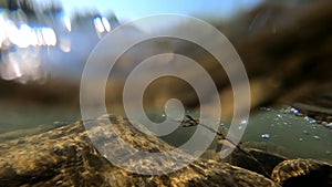 View of surface of flowing river, bokeh white spots from glare of shining sun