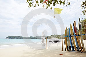 View of surfboards on nice summer tropical beach
