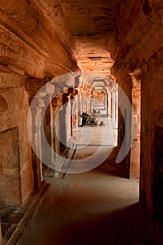 A view of surrounded way hall in the ancient Brihadisvara Temple in Thanjavur, india.