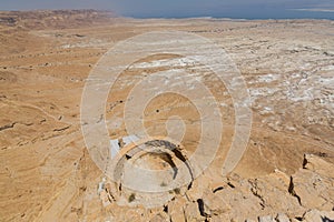 View of surrounding land and the Dead Sea from Masada, an ancient Jewish fortress in the desert of Israel