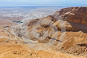 View of surrounding land and the Dead Sea from Masada, an ancient Jewish fortress in the desert of Israel