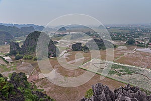 View of surrounding rice field landscape from famous Hang Mua peak in Ninh Binh Province in Vietnam